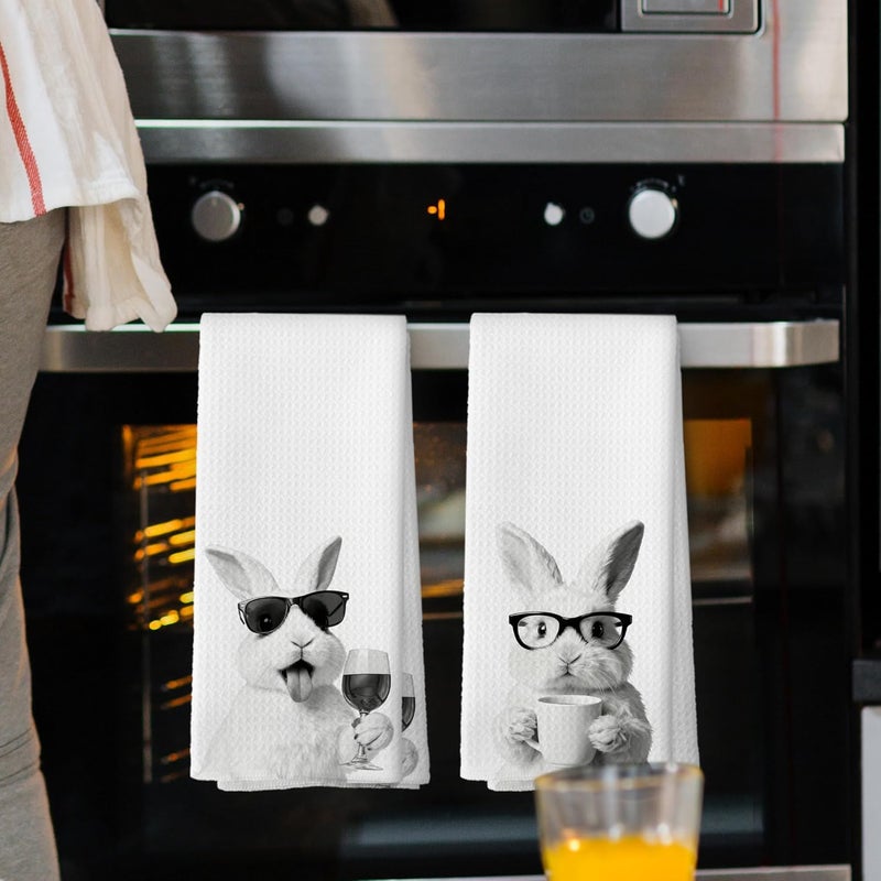 Mcehtle Funny Bunny Kitchen Towels Set of 2, Easter Rabbit Kitchen Accessories, Coffee Wine Station Decor, Chef Gift Hand Towel, Dining Room Decorative Tea Towel Dish Towels 16x24 Inch - Image 2